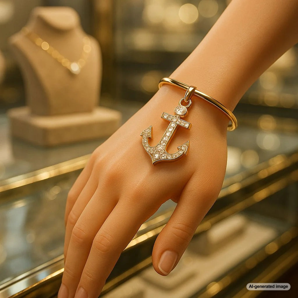 A close-up shot of a beautifully crafted gold anchor charm pendant on a delicate chain, resting on a navy blue background.