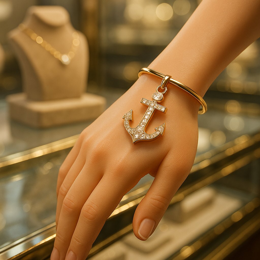 A close-up shot of a beautifully crafted gold anchor charm pendant on a delicate chain, resting on a navy blue background.