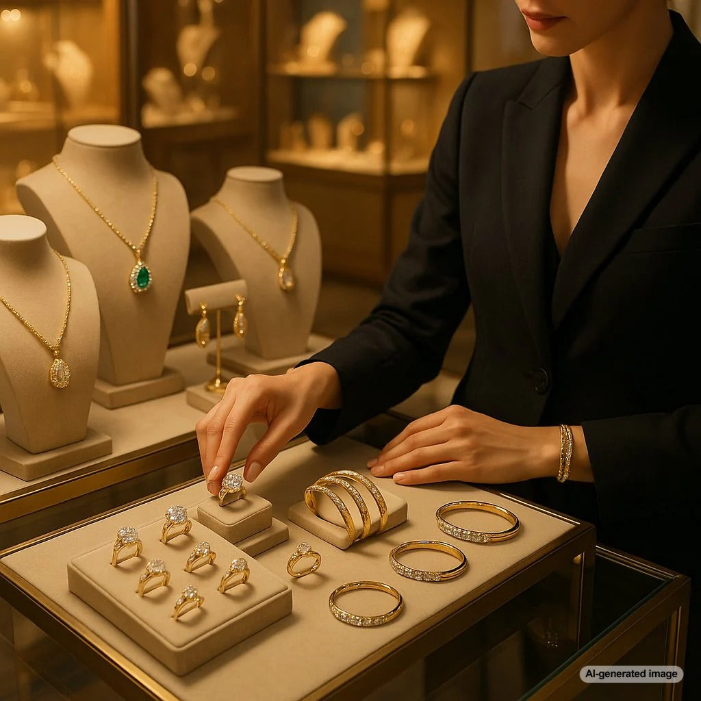 Woman wearing platinum and gold jewelry that doesn't turn skin green, showing difference between reactive and non-reactive metals