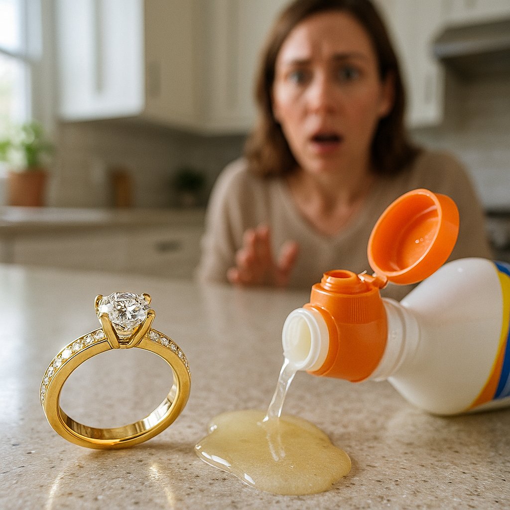 Close-up of a woman removing rings before cleaning with household chemicals to protect jewelry