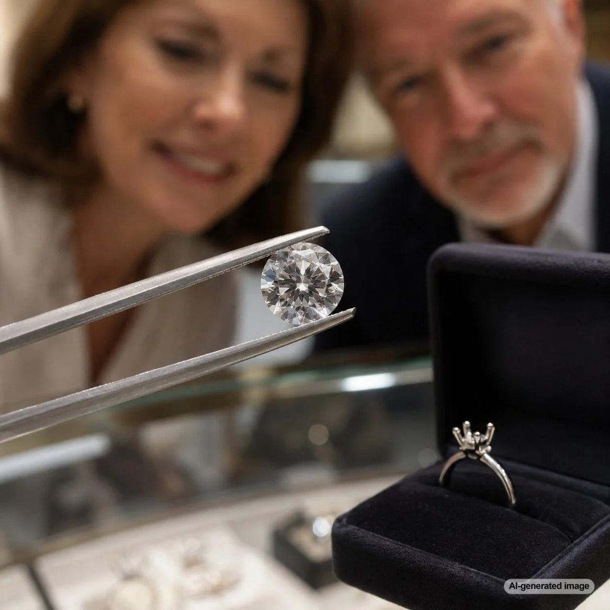 A collection of sparkling loose diamonds of various cuts and sizes displayed on a black velvet surface, with a jeweler's loupe and tweezers nearby, representing the process of selecting the perfect diamond.