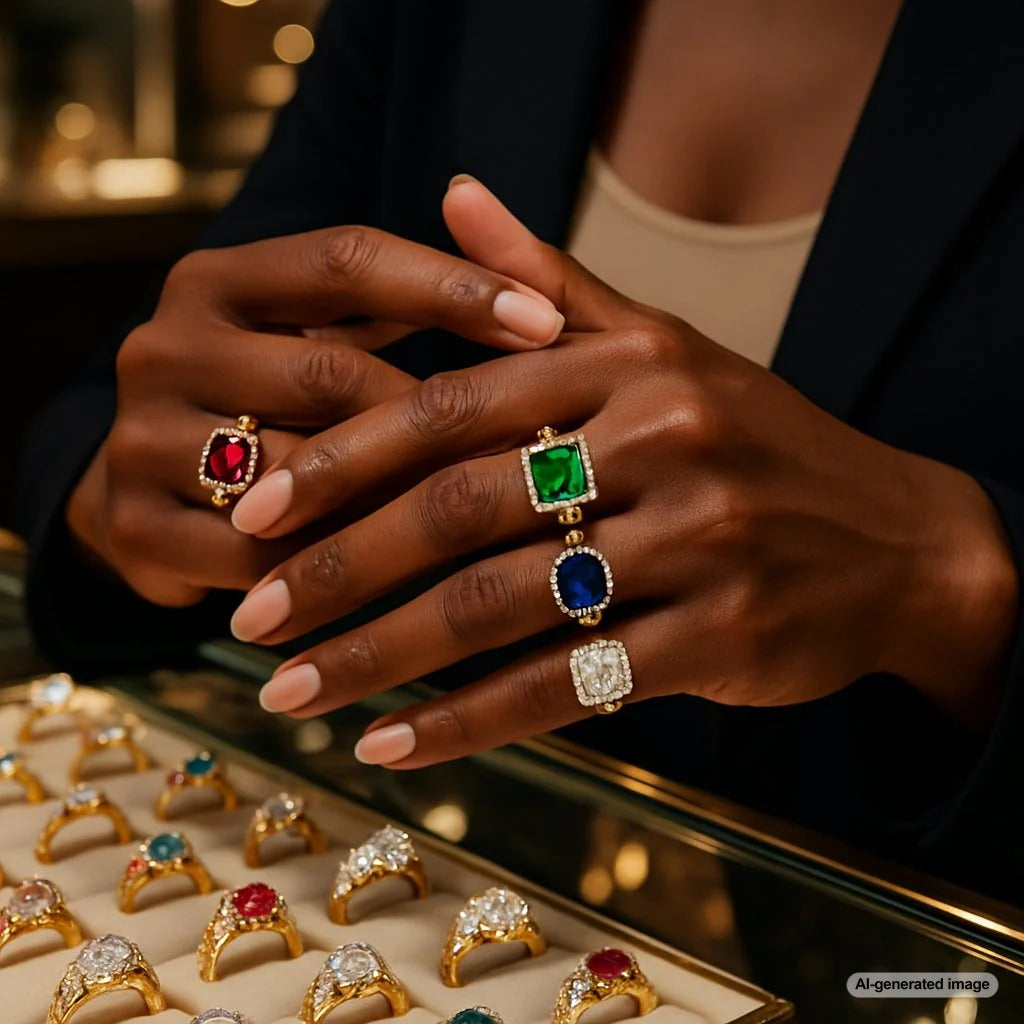 Stunning rings displayed on dark skin tones showing beautiful contrast and brilliance