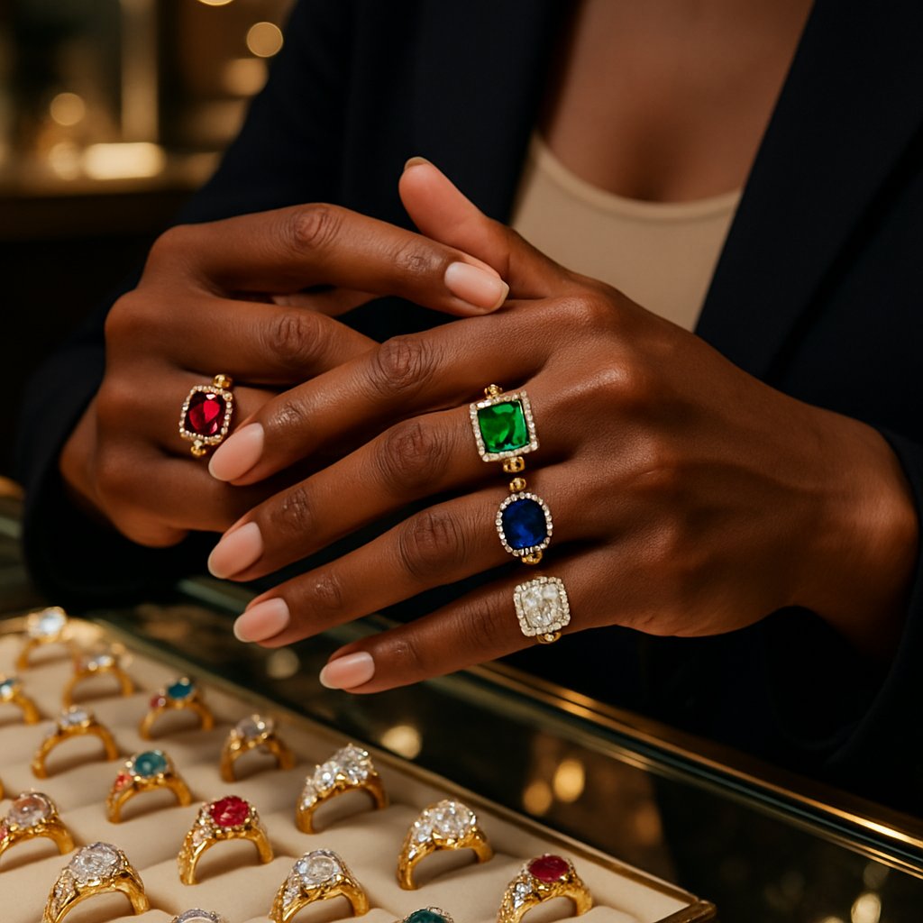 Stunning rings displayed on dark skin tones showing beautiful contrast and brilliance