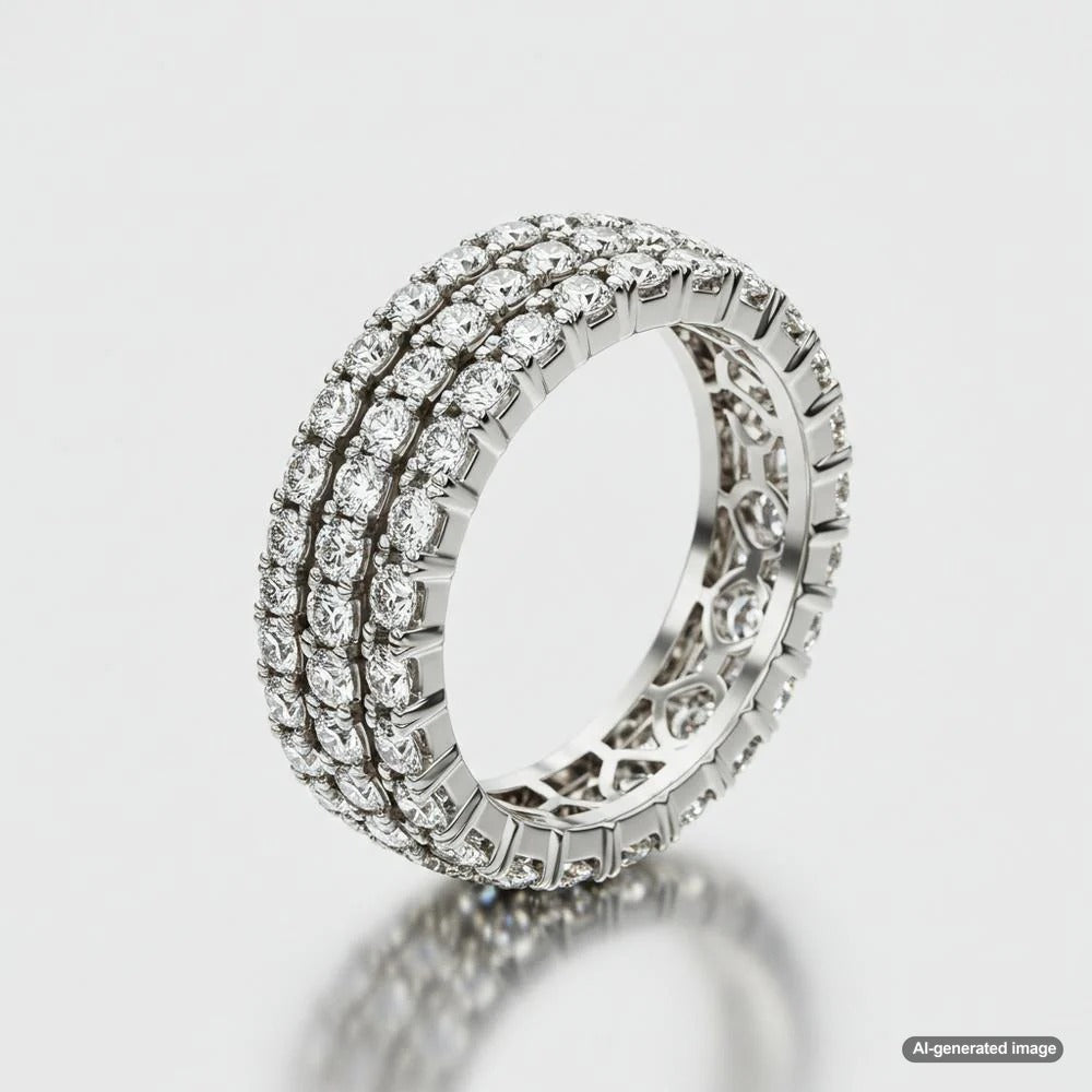 Various rings that cannot be resized including eternity bands and tungsten rings displayed on a velvet jewelry tray