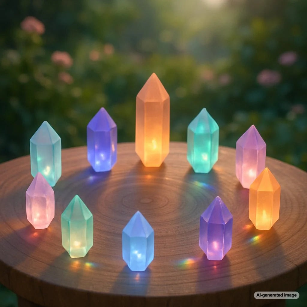 An elegant arrangement of healing crystals and spiritual jewelry pieces on a velvet display