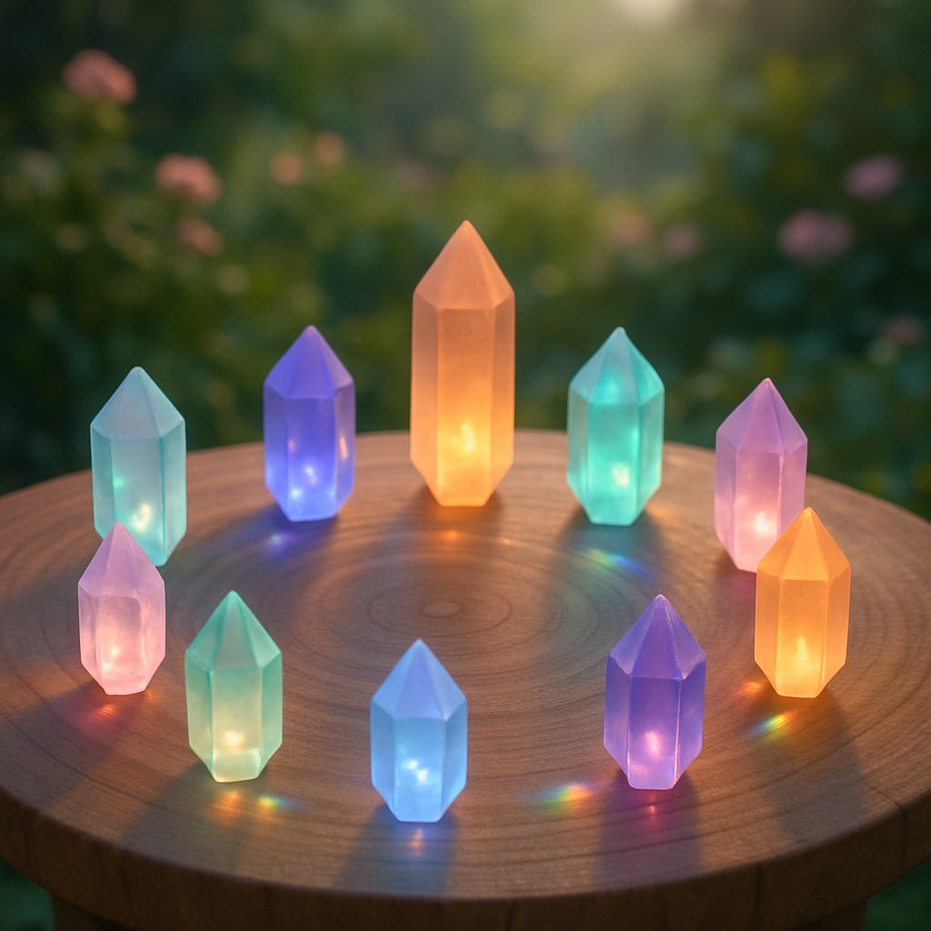 An elegant arrangement of healing crystals and spiritual jewelry pieces on a velvet display