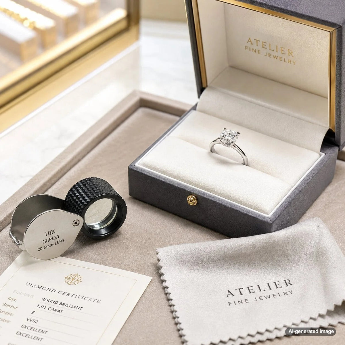 A close-up inspection of a finished engagement ring, showcasing the intricate setting and prongs for security and quality.