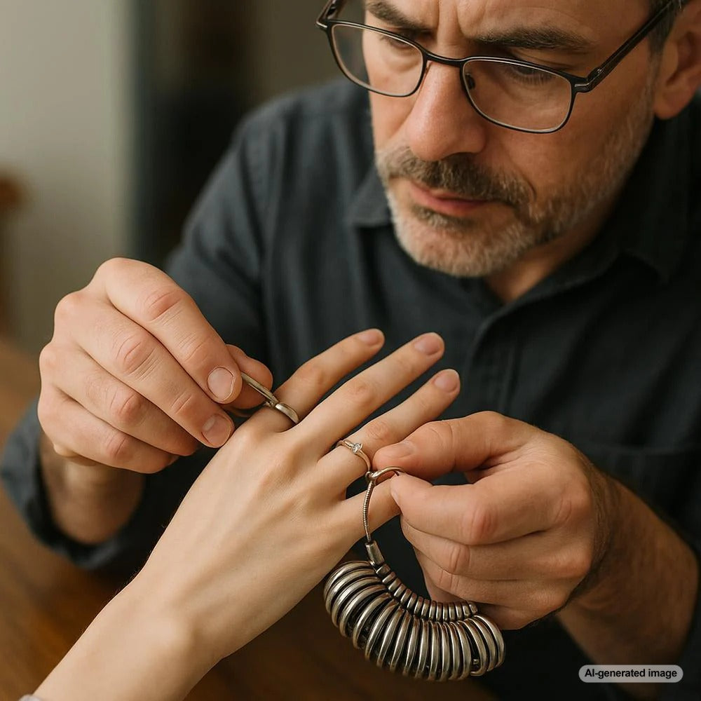 Woman trying on a diamond ring at Robinson's Jewelers