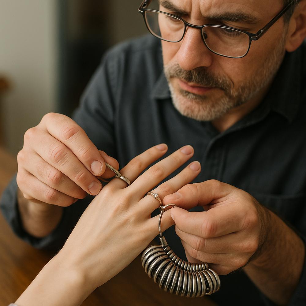Woman trying on a diamond ring at Robinson's Jewelers