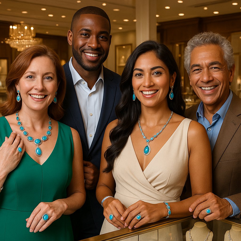A beautiful assortment of turquoise rings and bracelets on a model's hand, showcasing the stone's varying blue and green hues against different skin tones.