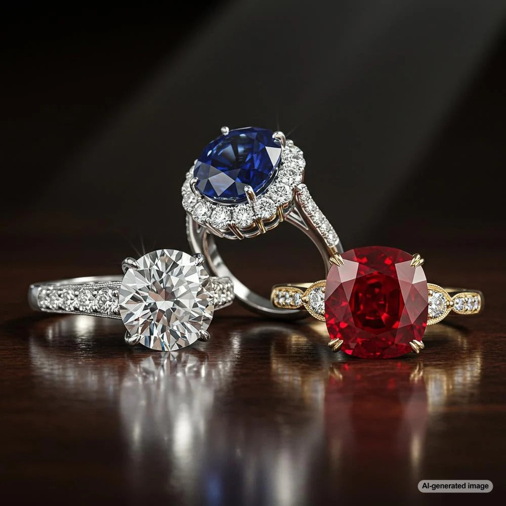 A stunning selection of durable gemstones perfect for everyday jewelry, including diamonds, sapphires, and rubies.