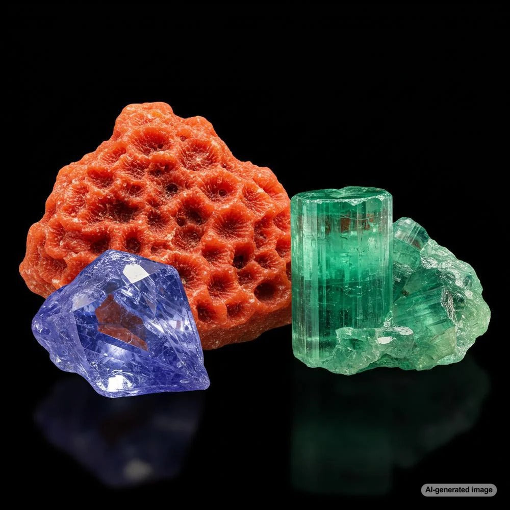 A stunning collection of rare gemstones including tanzanite, painite, red coral, and para&iacute;ba tourmaline.