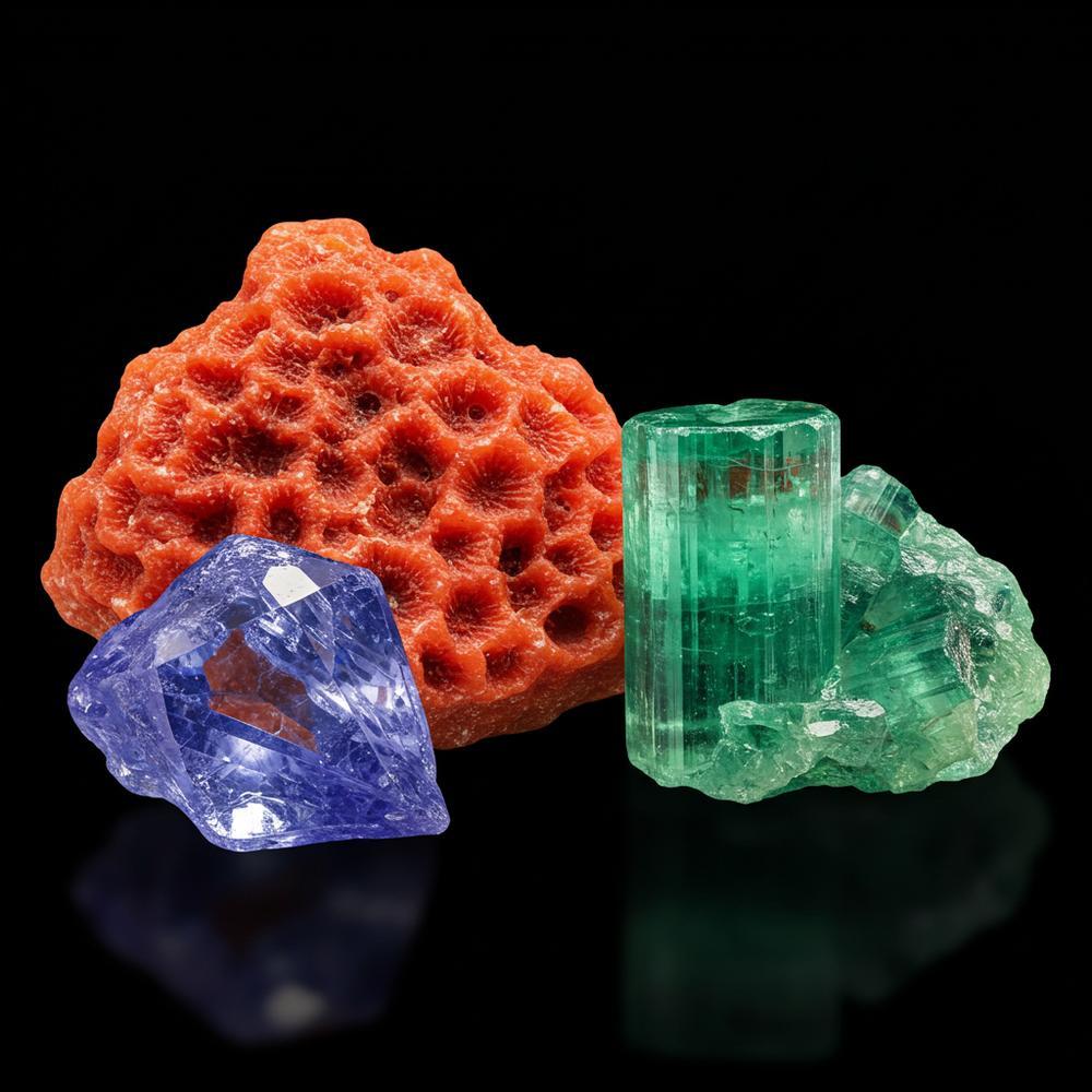 A stunning collection of rare gemstones including tanzanite, painite, red coral, and para&iacute;ba tourmaline.