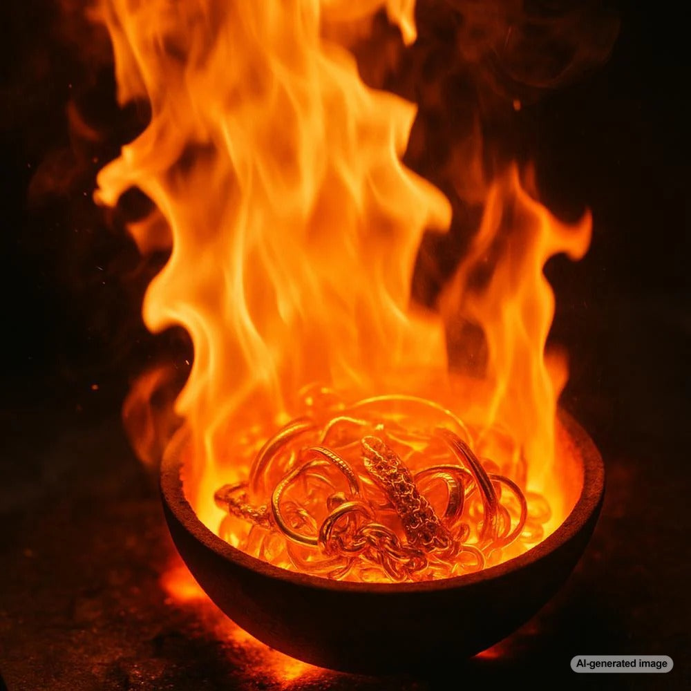 Pure gold bars melting with intense heat, demonstrating gold's melting point for jewelry making