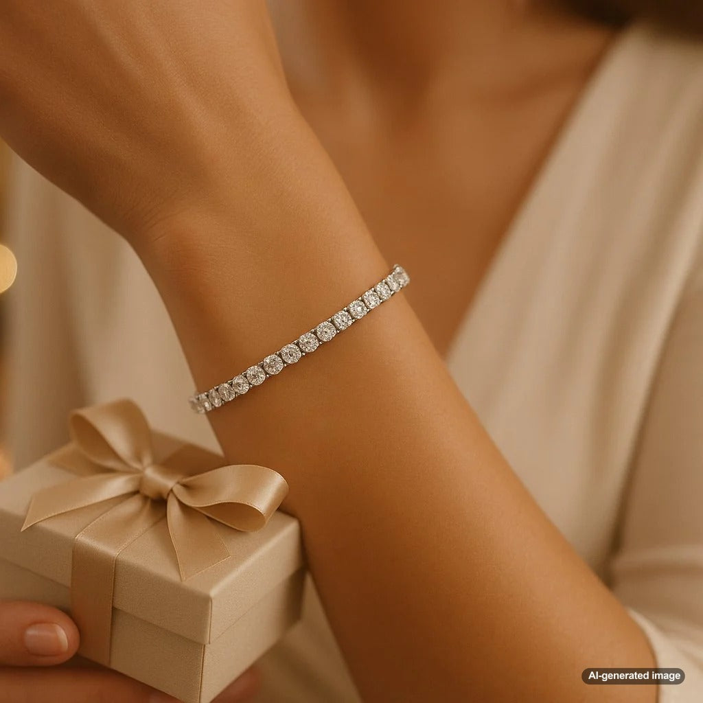 Elegant diamond tennis bracelet displayed on a woman's wrist