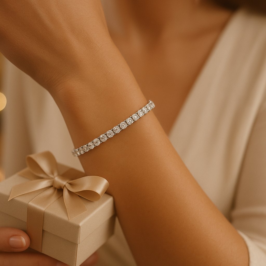 Elegant diamond tennis bracelet displayed on a woman's wrist