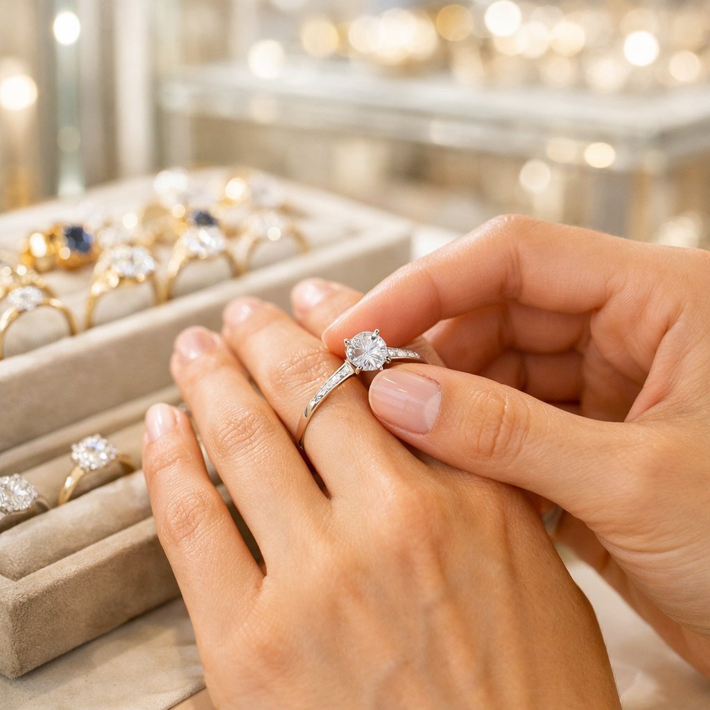 Woman with a diamond ring on her finger, illustrating the common problem of a ring that spins constantly.