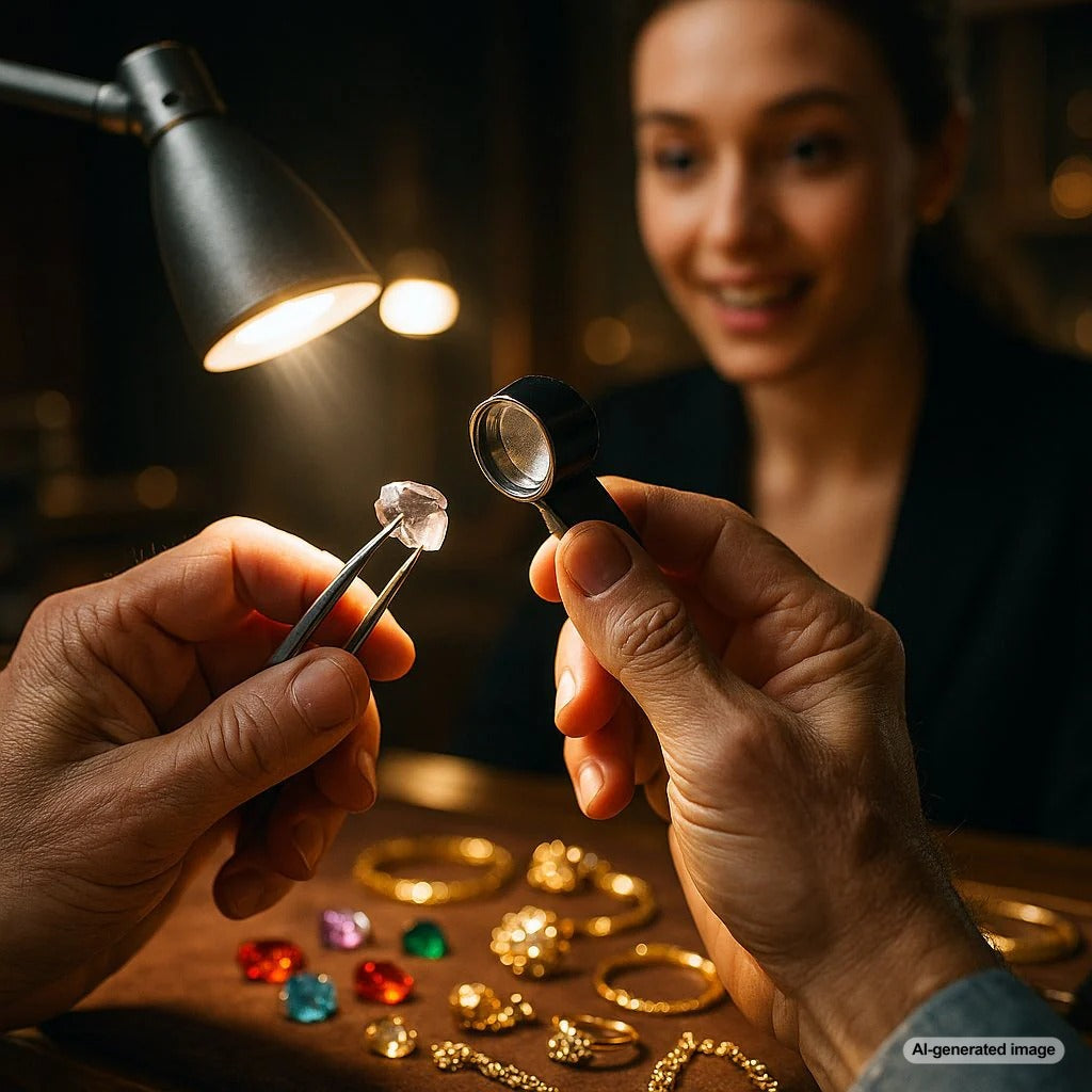 Close-up of jewelry repair tools and a damaged gemstone ring being professionally restored