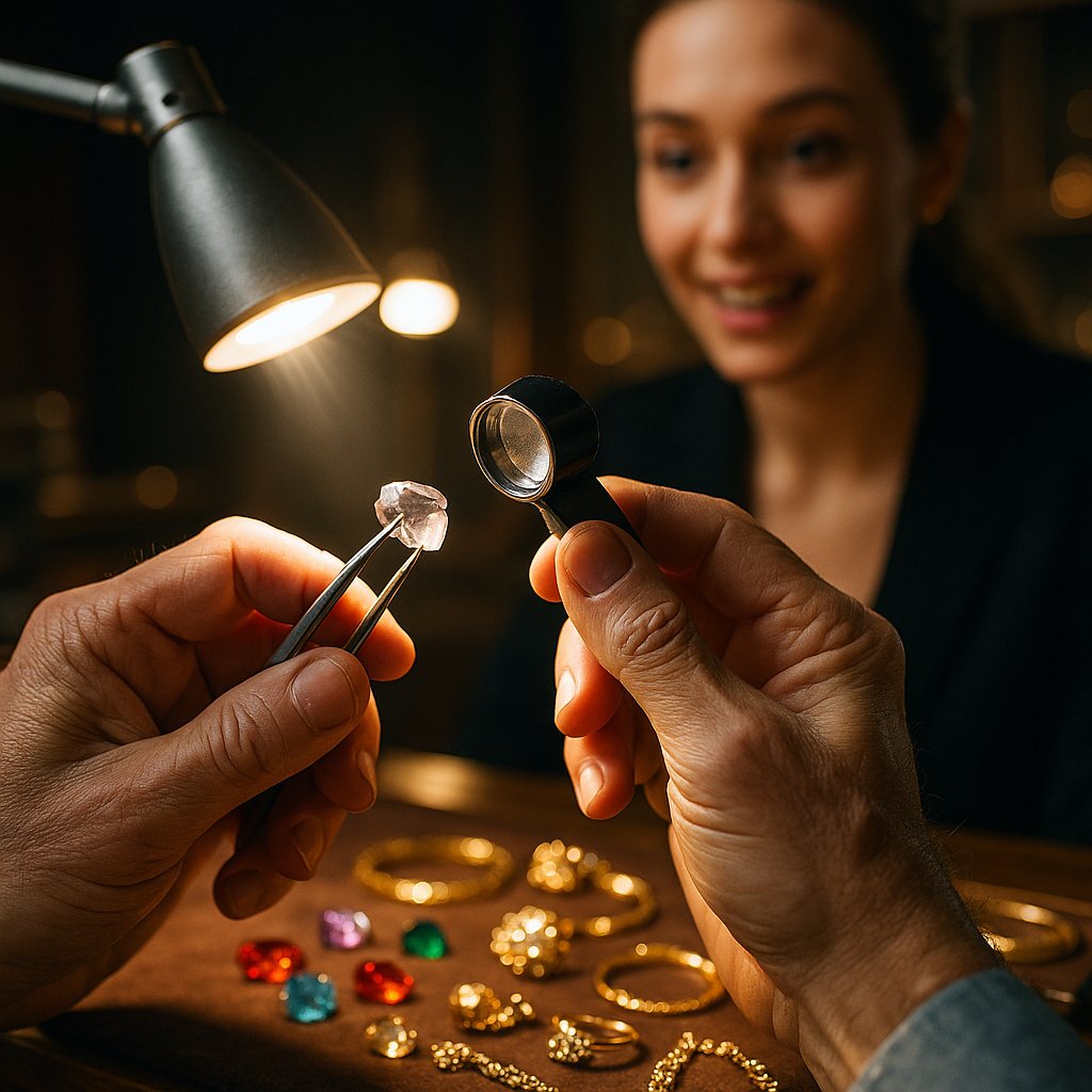 Close-up of jewelry repair tools and a damaged gemstone ring being professionally restored