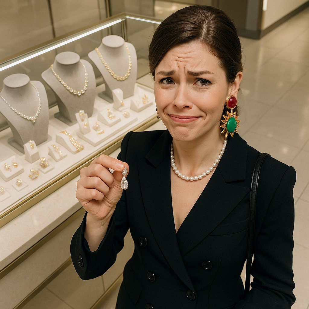 Woman holding single diamond stud earring looking thoughtful with jewelry box