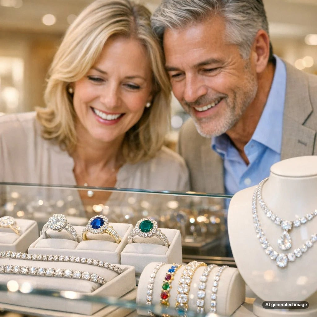 A stunning collection of colorful gemstone jewelry, including rings and earrings with sapphires, rubies, and emeralds, elegantly displayed on a mirrored surface for a stone wedding anniversary blog post.