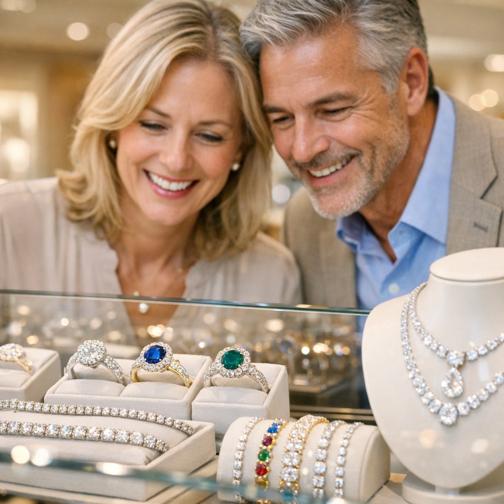 A stunning collection of colorful gemstone jewelry, including rings and earrings with sapphires, rubies, and emeralds, elegantly displayed on a mirrored surface for a stone wedding anniversary blog post.