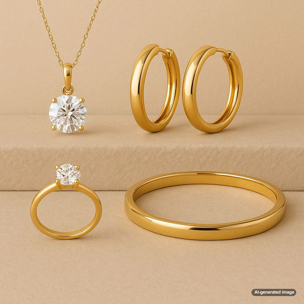 Popular jewelry styles including diamond rings, gold necklaces, and gemstone bracelets displayed elegantly