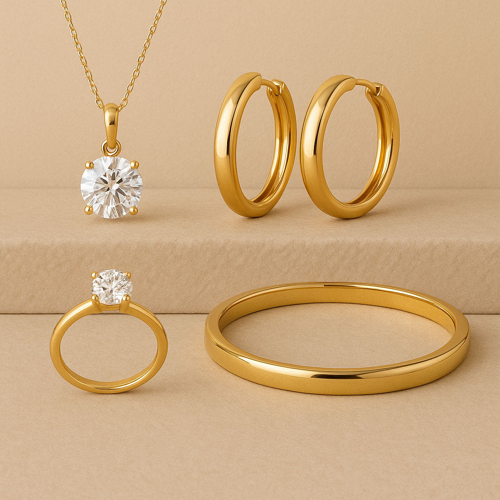 Popular jewelry styles including diamond rings, gold necklaces, and gemstone bracelets displayed elegantly