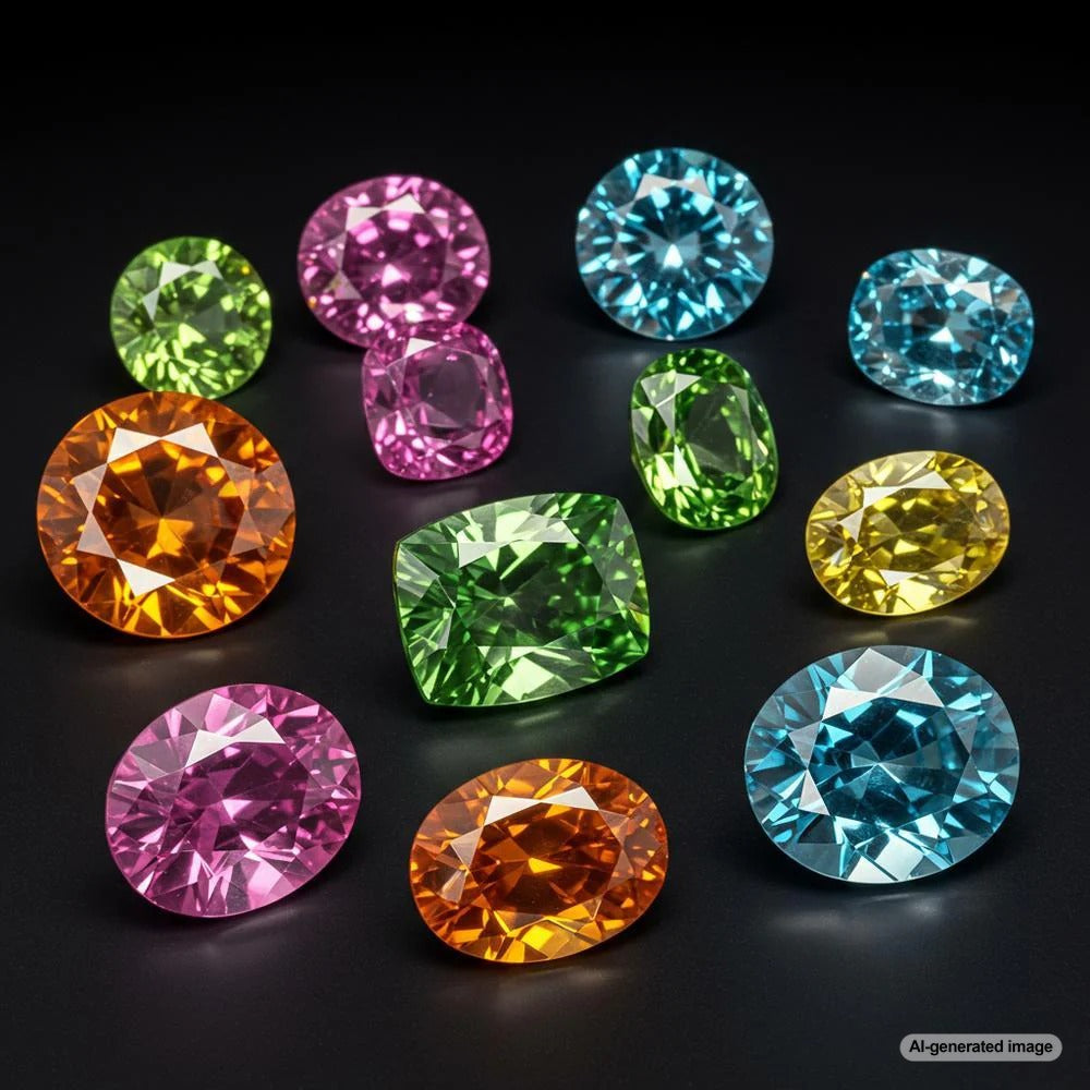 Close-up of various lab-grown gemstones showcasing their brilliance and color diversity