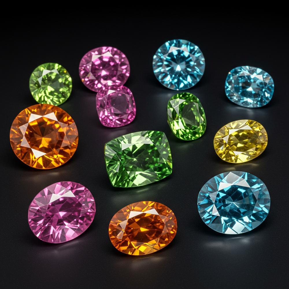 Close-up of various lab-grown gemstones showcasing their brilliance and color diversity