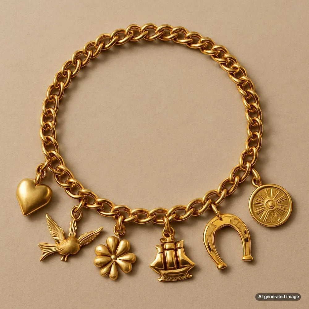 A beautifully crafted horseshoe charm bracelet with intricate details, resting on a velvet jewelry display.