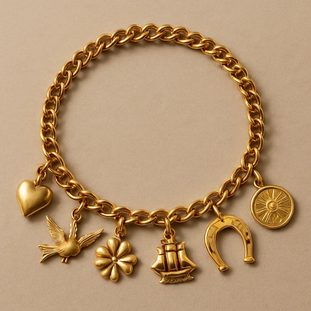 A beautifully crafted horseshoe charm bracelet with intricate details, resting on a velvet jewelry display.