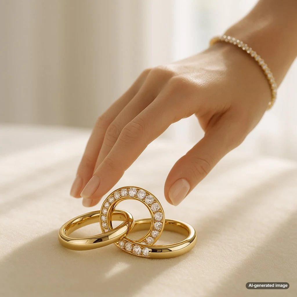 Elegant close-up of two interlocking gold and diamond rings symbolizing eternal love and connection