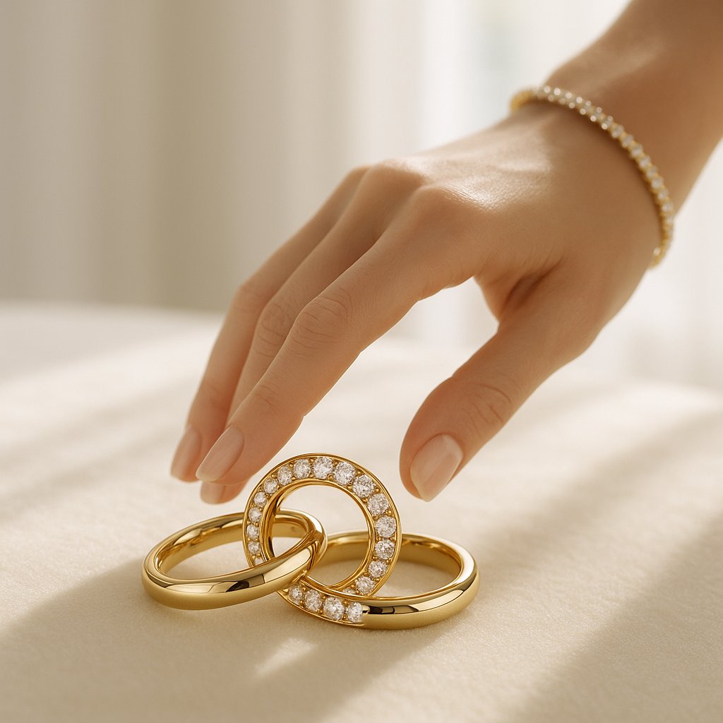 Elegant close-up of two interlocking gold and diamond rings symbolizing eternal love and connection