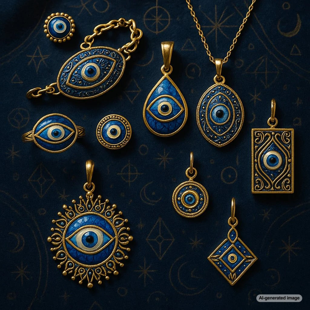 Stylish evil eye jewelry pieces including necklaces, bracelets and rings featuring the iconic blue eye motif