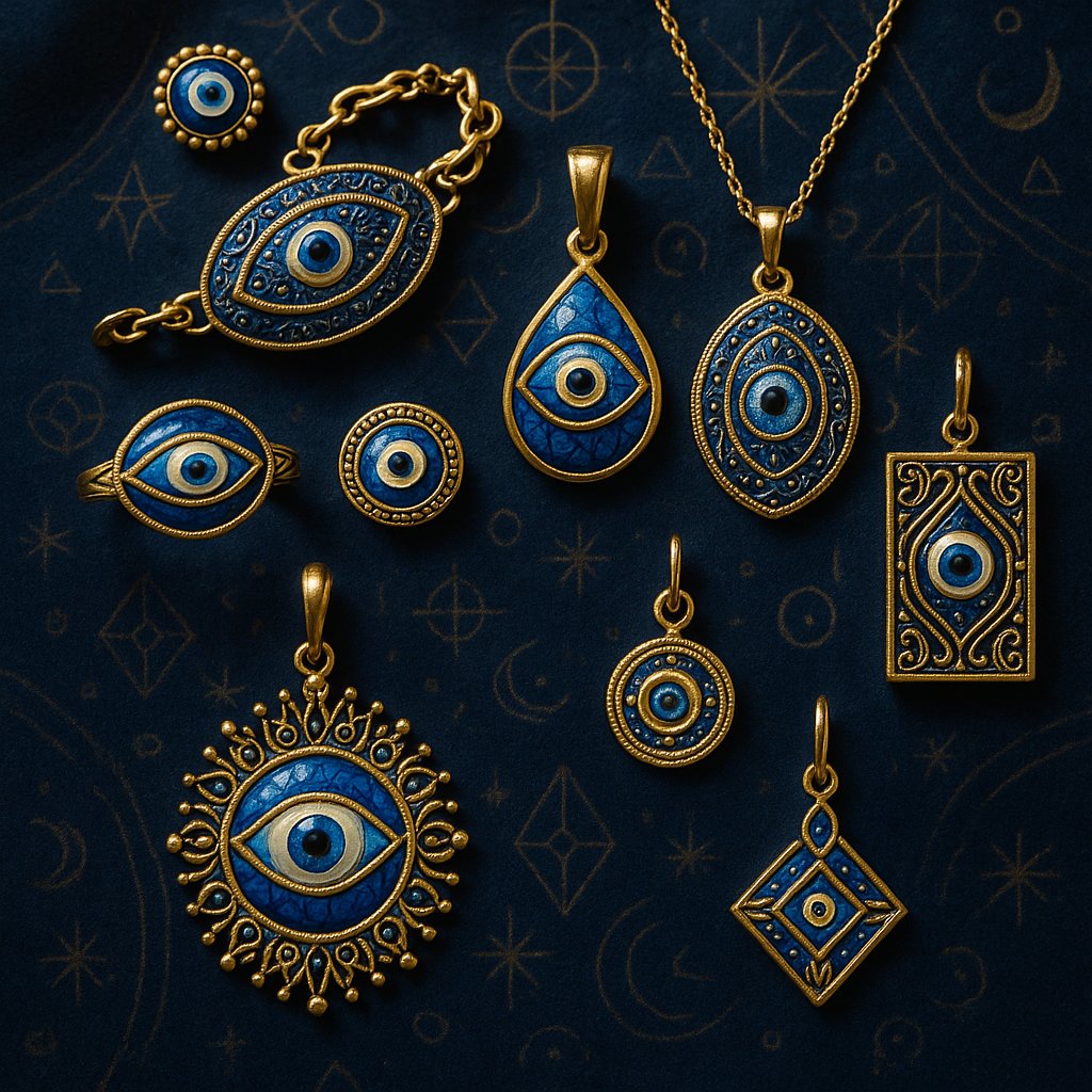 Stylish evil eye jewelry pieces including necklaces, bracelets and rings featuring the iconic blue eye motif