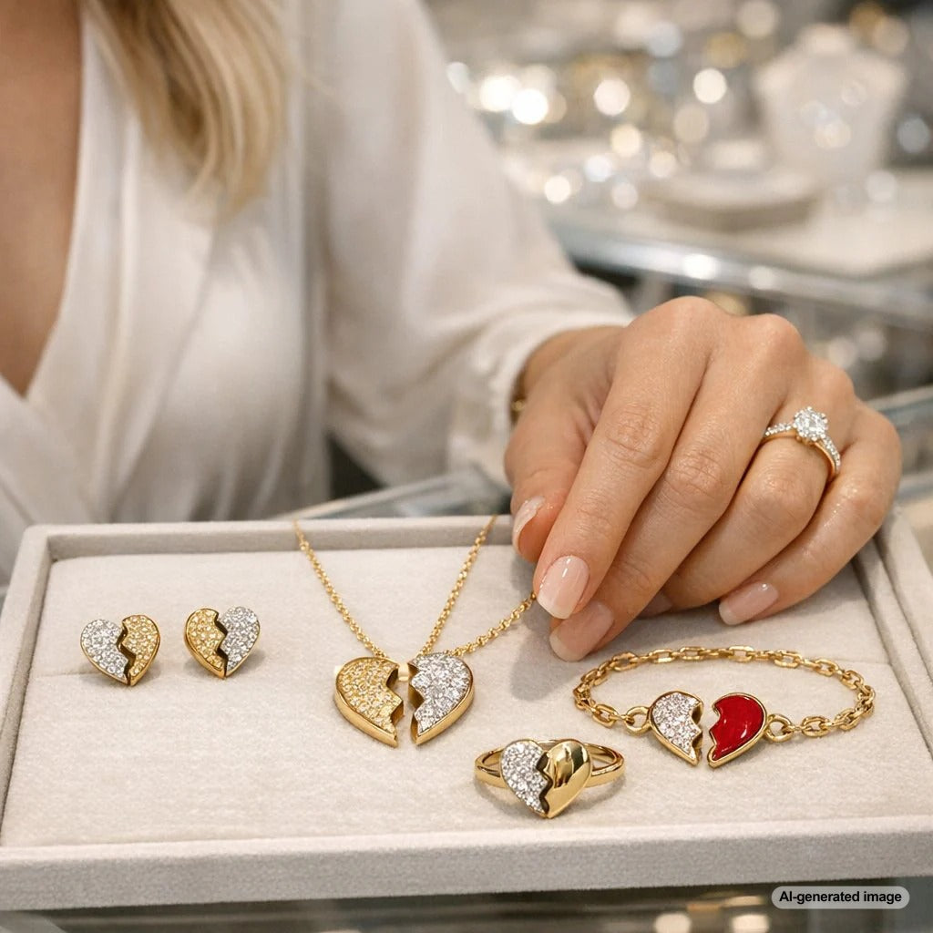 Close up of elegant broken heart jewelry on display at Robinsons Jewelers showing cracked heart pendant and chain