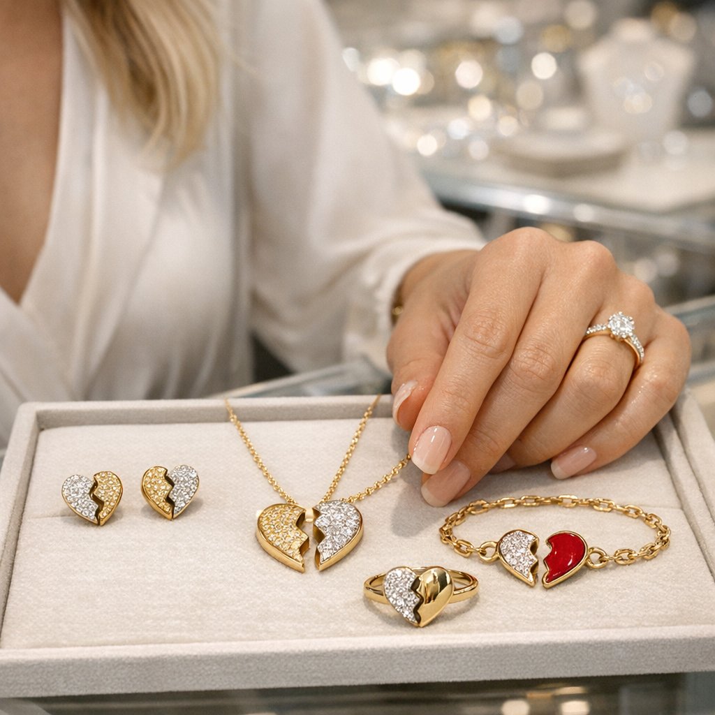 Close up of elegant broken heart jewelry on display at Robinsons Jewelers showing cracked heart pendant and chain
