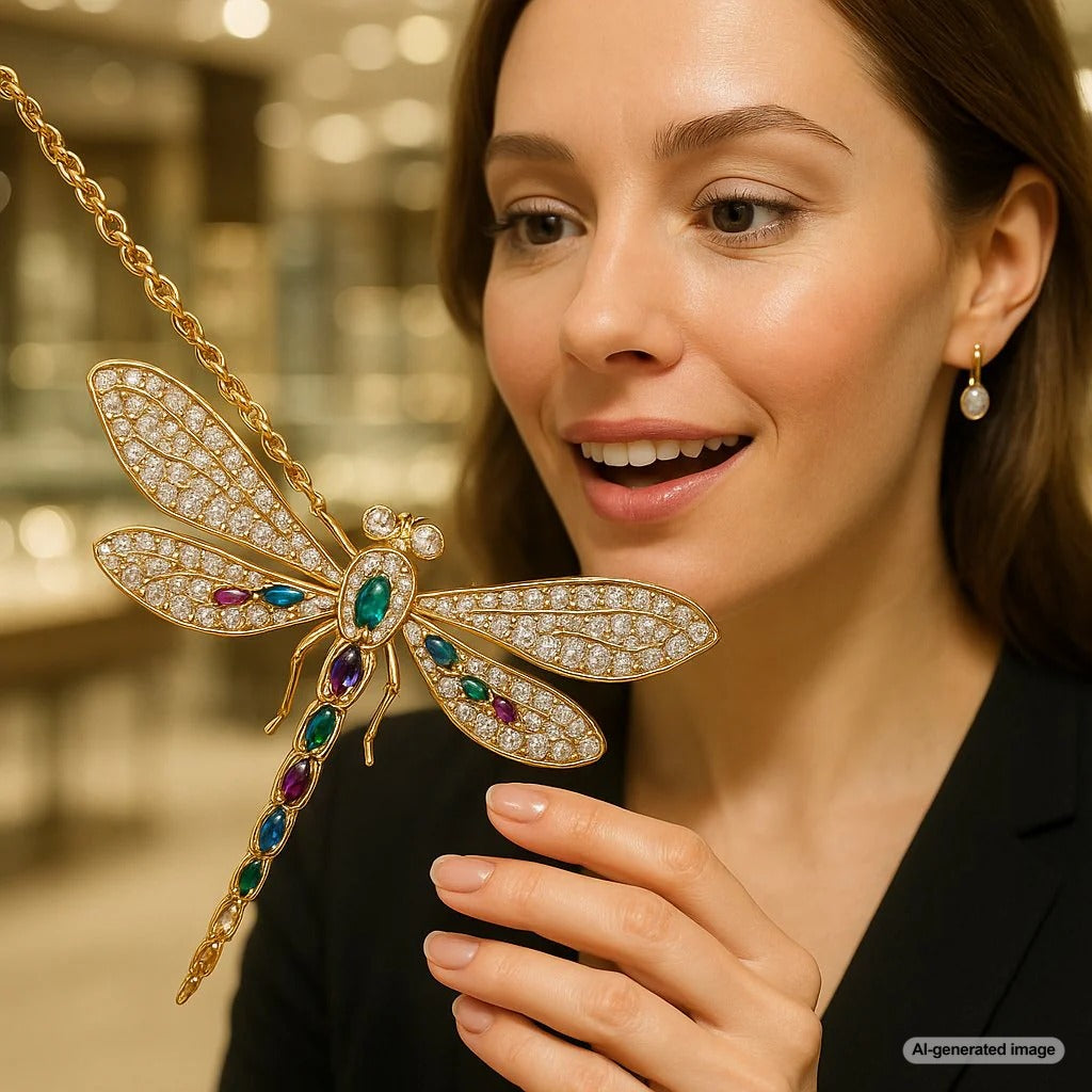 Exquisite diamond and emerald dragonfly pendant necklace sparkling on a black background