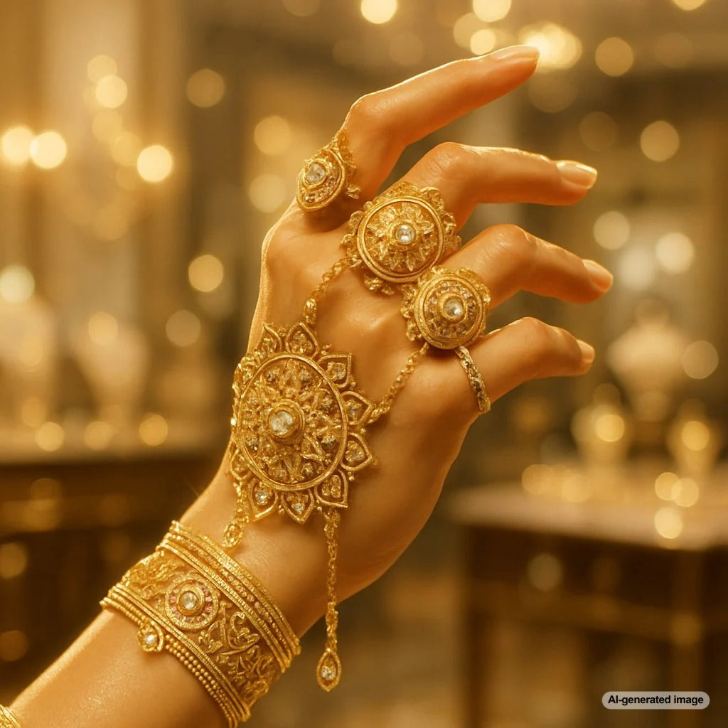 Close up of an intricate gold mandala pattern necklace on display at Robinson's Jewelers