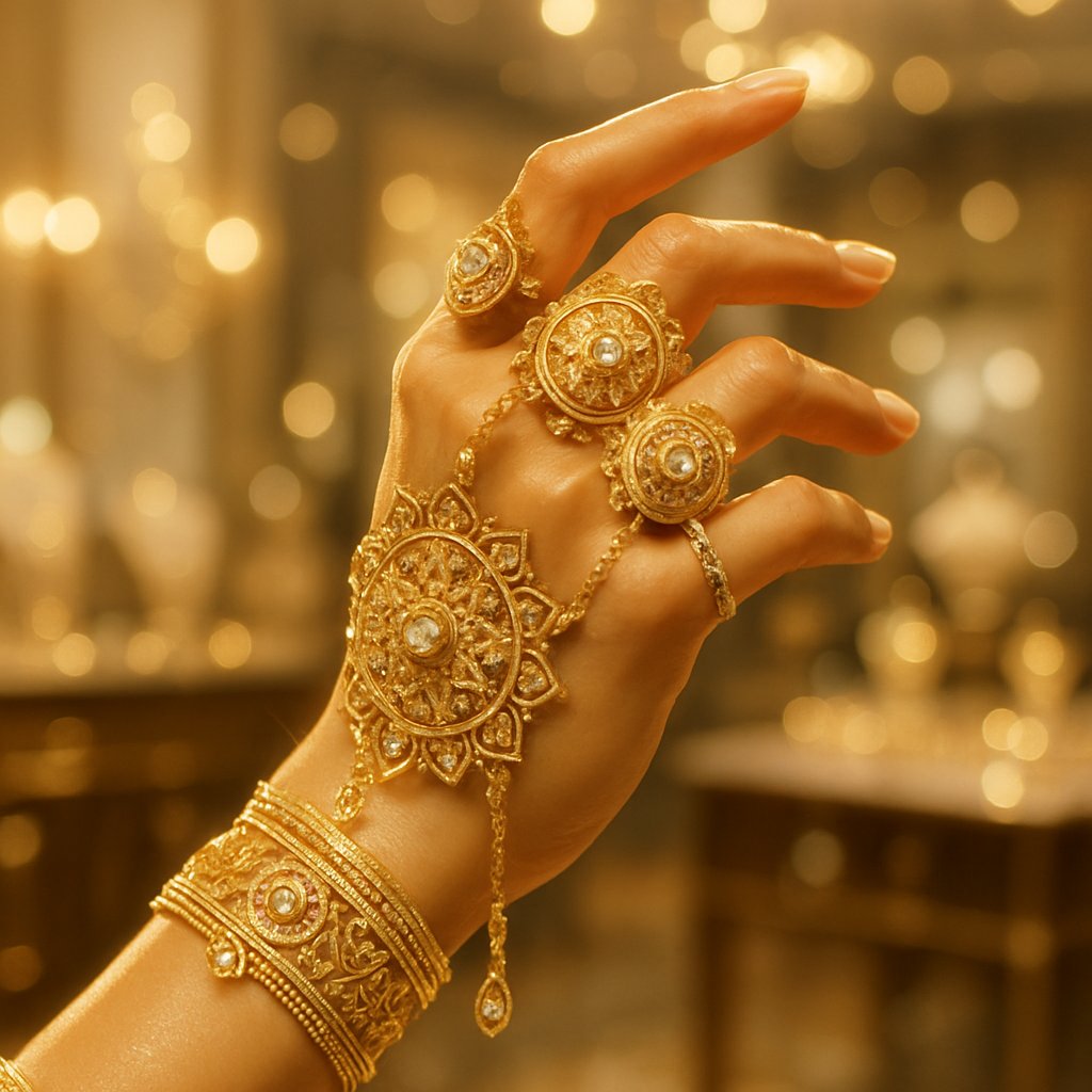 Close up of an intricate gold mandala pattern necklace on display at Robinson's Jewelers