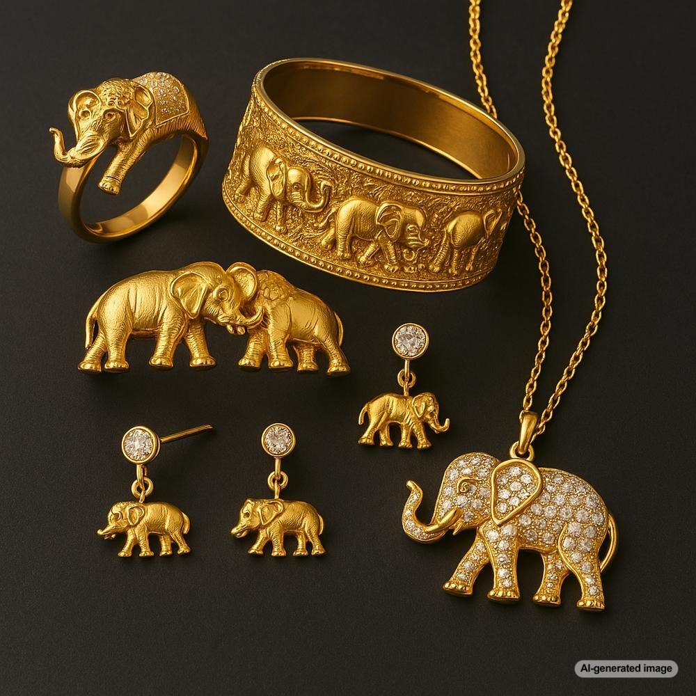 Elephant shaped pendant necklace in gold with diamond accents