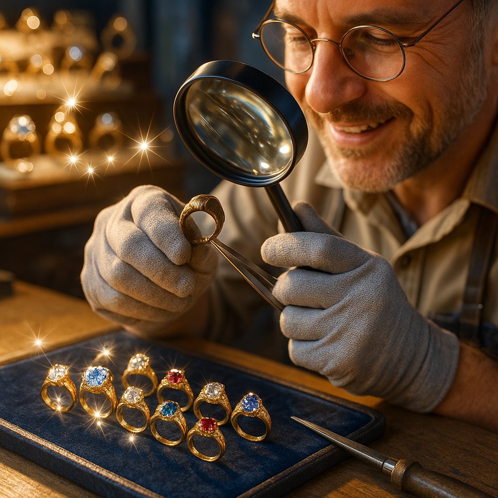 Close-up of a jeweler's hands repairing and replacing the worn shank of an antique gold ring in a workshop