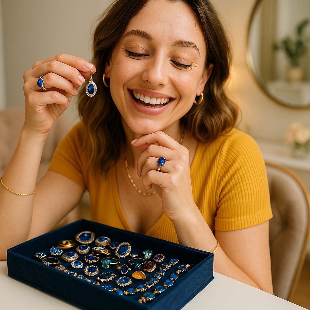 Beautiful blue sapphire ring with diamond accents on a woman's hand