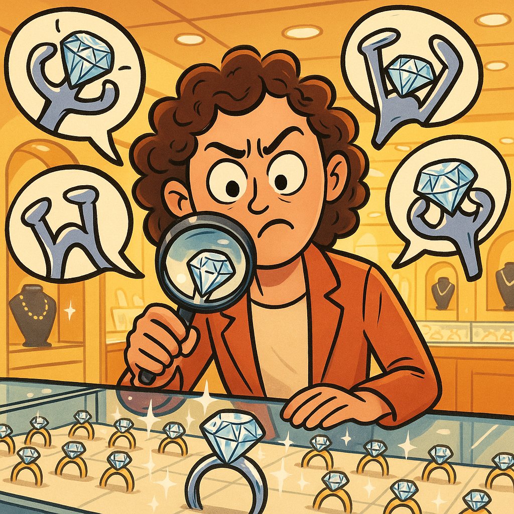 Close-up of a jewelers loupe inspecting worn prongs on a diamond engagement ring, showing signs of thinning and wear.