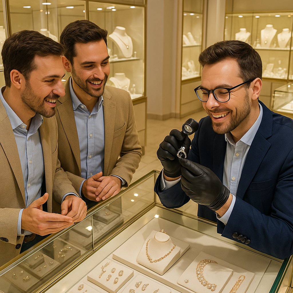 Close-up of a professional jeweler examining a diamond ring with a loupe, with a formal appraisal document in the background.