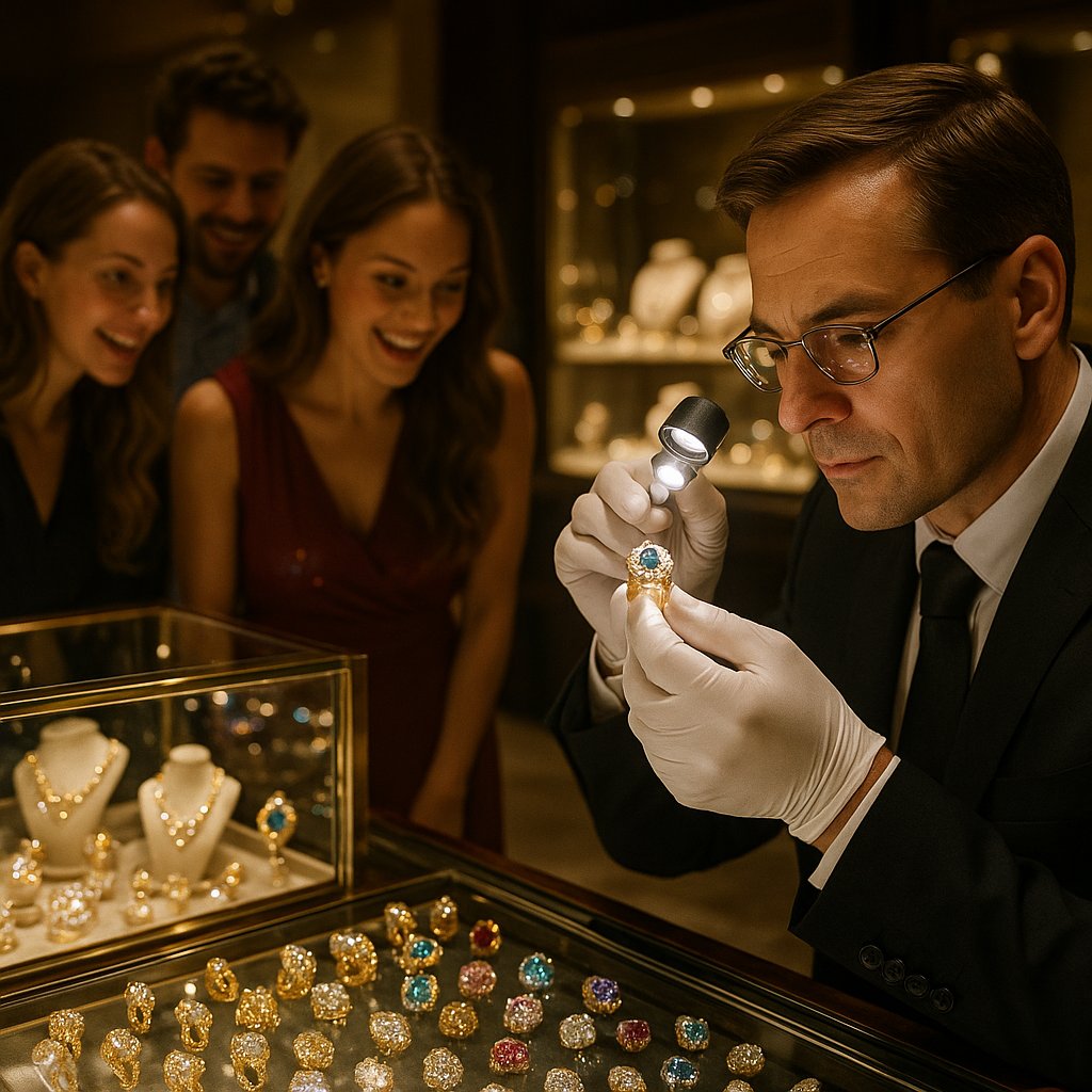 Close-up image of a jeweler's hands professionally re-tipping the prongs on a brilliant diamond ring