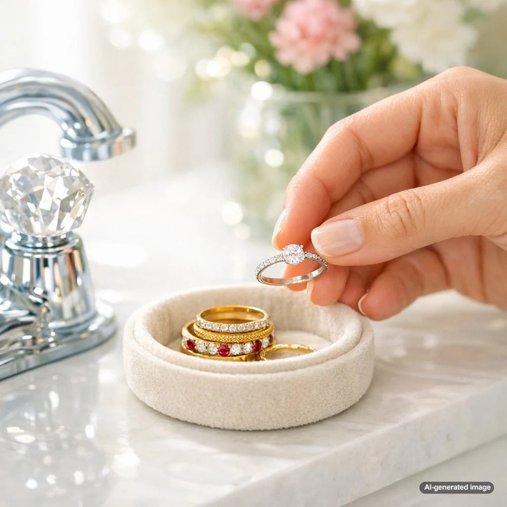 A delicate hand wearing a sparkling diamond ring, resting on a soft, light-colored surface next to a small ceramic ring dish, symbolizing the care and protection of fine jewelry.