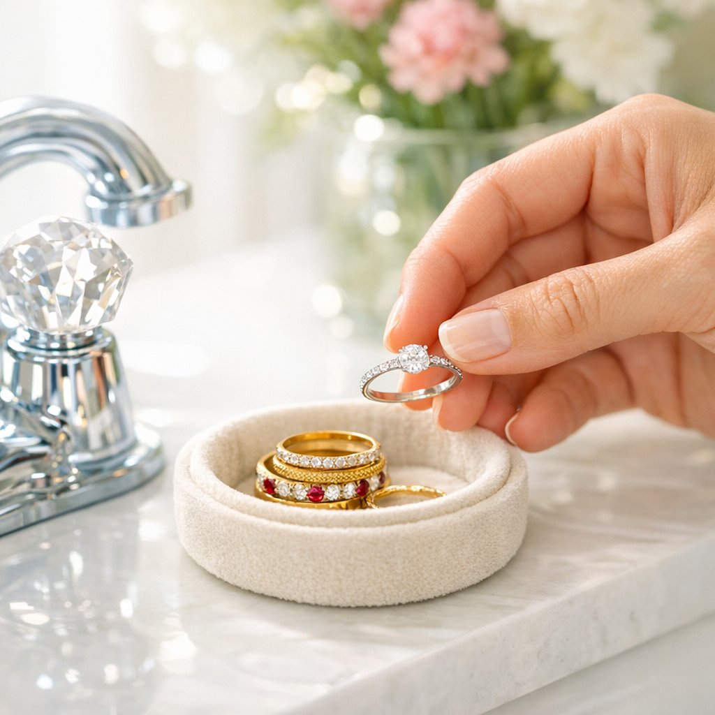 A delicate hand wearing a sparkling diamond ring, resting on a soft, light-colored surface next to a small ceramic ring dish, symbolizing the care and protection of fine jewelry.