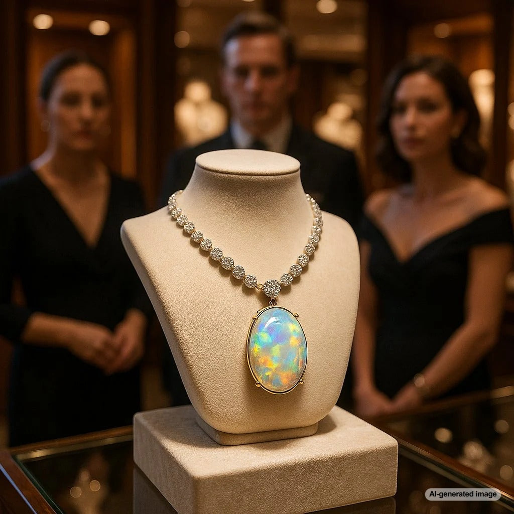 A stunning collection of Australian opal jewelry including rings, pendants, and earrings from Robinson's Jewelers, showcasing vibrant play-of-color.